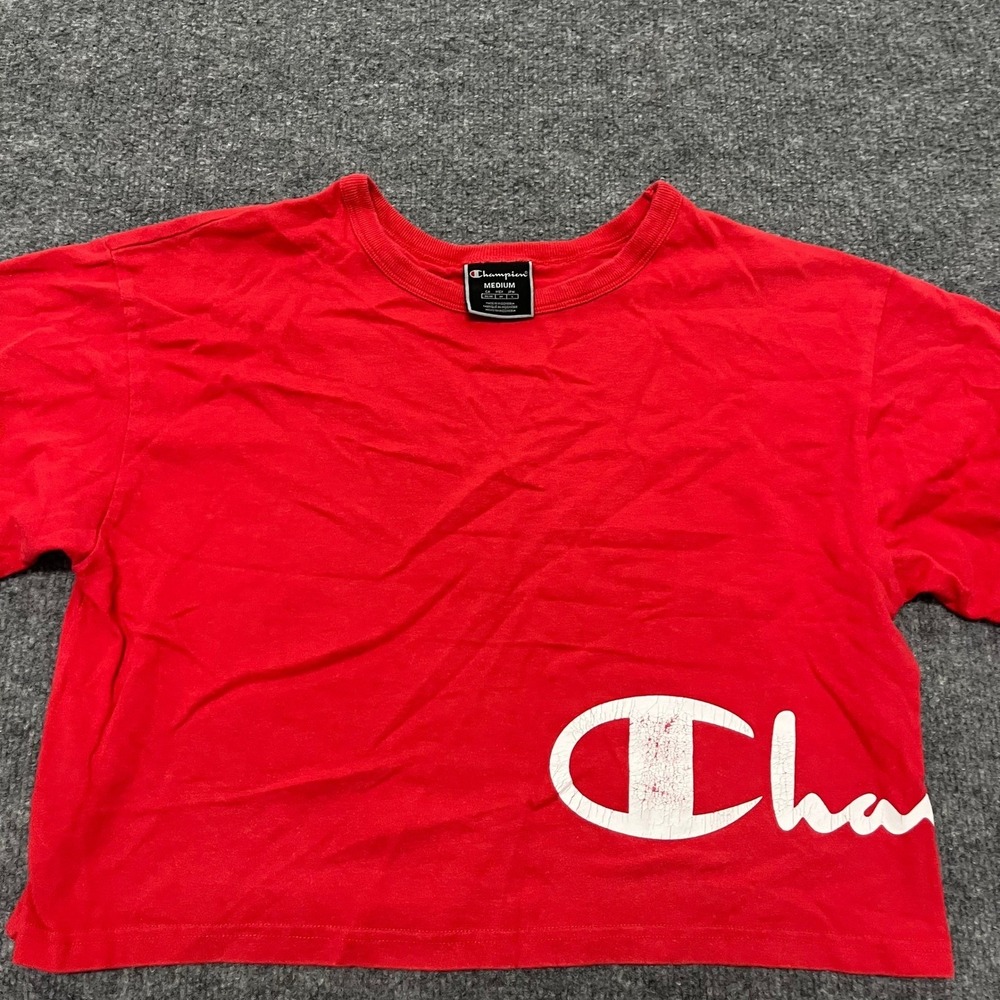 Champion Crop Top Womens Size Medium Red Big Logo Short Sleeve Cotton Athletic